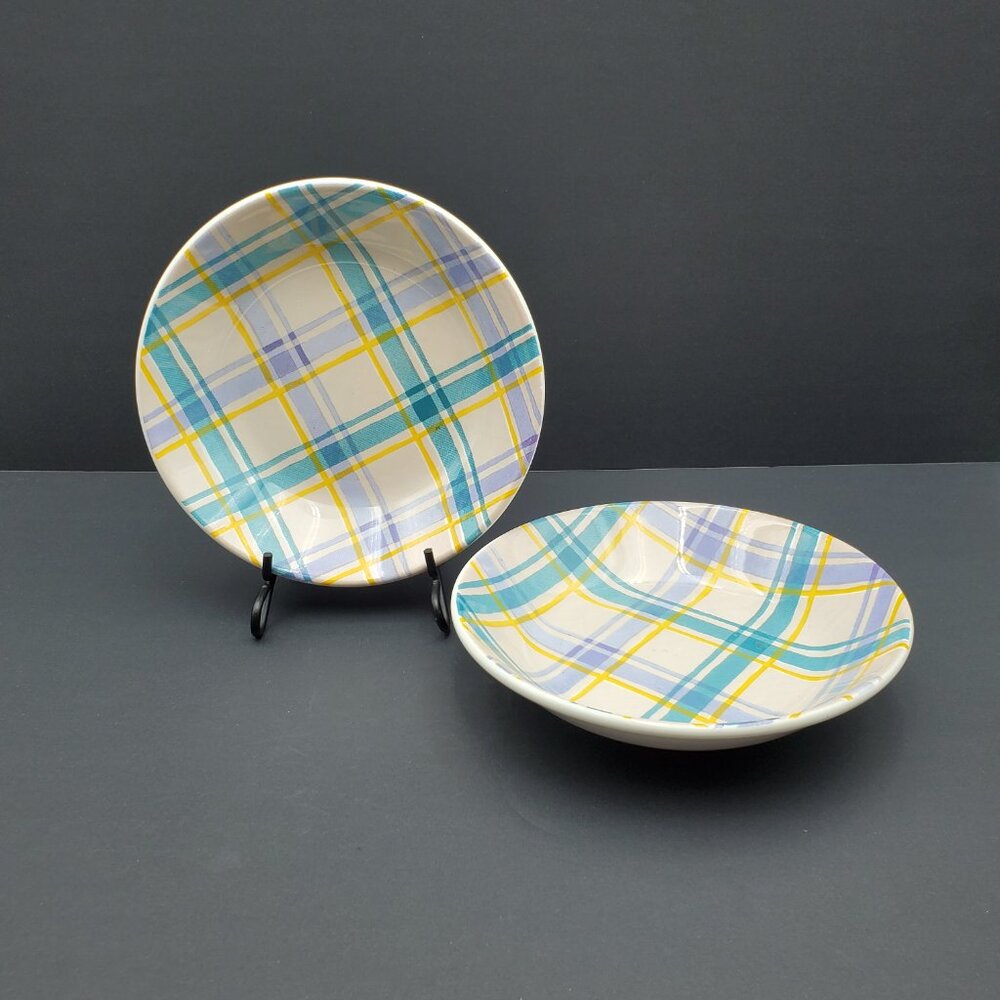 Over and Back Plaid Individual Pasta Bowls Made in Italy Yellow Blue Stripe Bowl